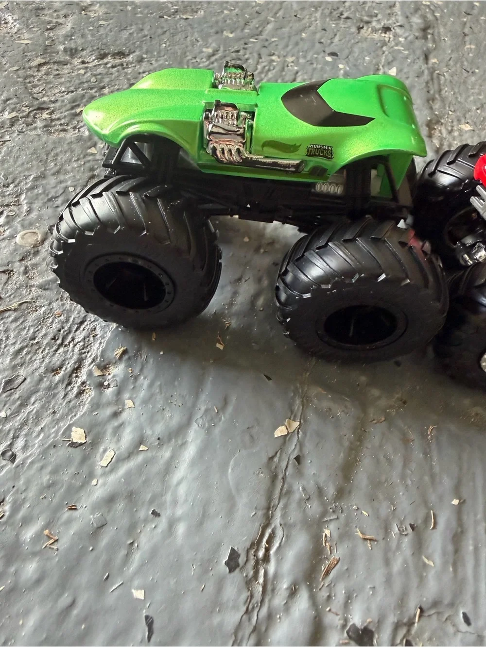 Hot Wheels Monster Trucks collection green Race Ace, Demo Derby and shark wreck